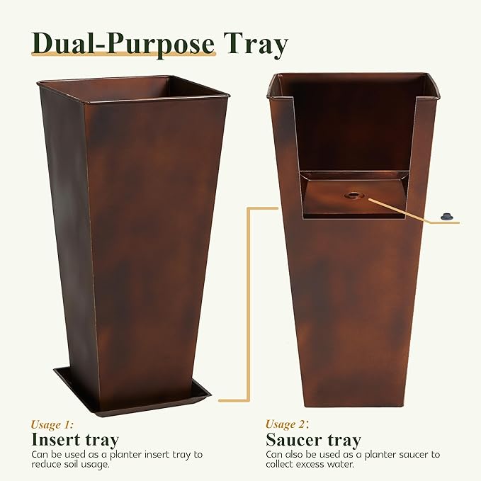WORTH Garden 12" Dia x 25" H Large Metal Planter Set of 2, Matte Bronze Retro Finish Tall Square Tapered Steel Plant Pots, Decor Flower Pot Indoor & Outdoor, Drainage Hole & Dual-Purpose Plant Saucer-Ruum Studio Home