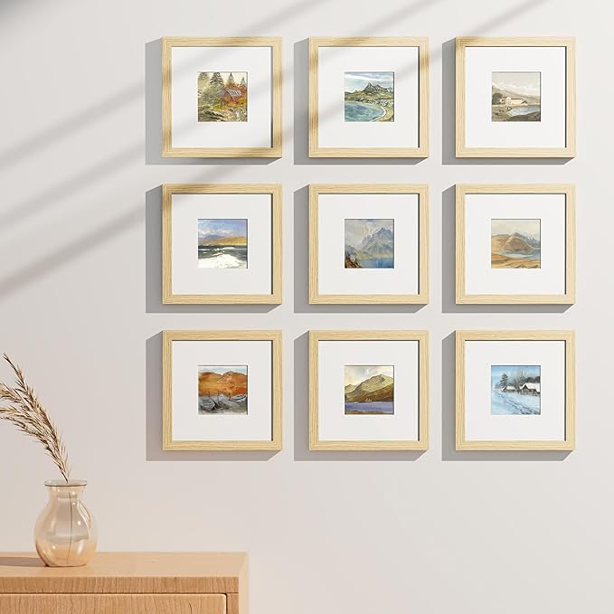 Vittanly 8x8 Picture Frames Set of 9, Shatter Resistant Plexiglass, Display 4x4 Pictures with Mat or 8x8 without Mat, Photo Frames for Wall Mount, Engineered Wood, OAK-Ruum Studio Home