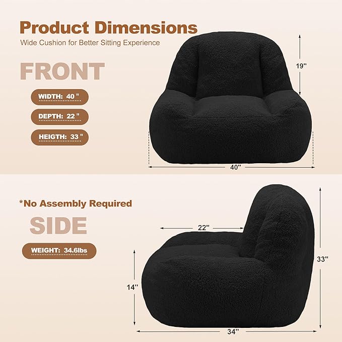Homguava Bean Bag Chairs for Adults,Giant Beanbag Couch Adult Bean Bag Chair with Filler Included,Modern Lazy Sofa Comfy Chair for Living Room(Black)-Ruum Studio Home