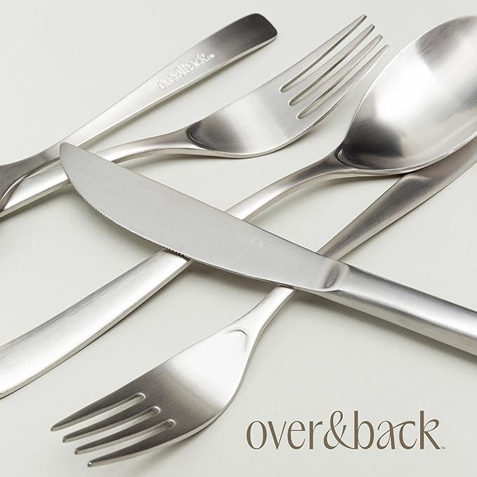 over&back 20pc Curved Flatware Cutlery Set - Comes with 4 Dinner Forks, 4 Salad Forks, 4 Dinner Knives, 4 Dinner Spoons, and 4 Teaspoons - 18/8 Stainless Steel - Dishwasher-Safe - Brushed Stainless-Ruum Studio Home