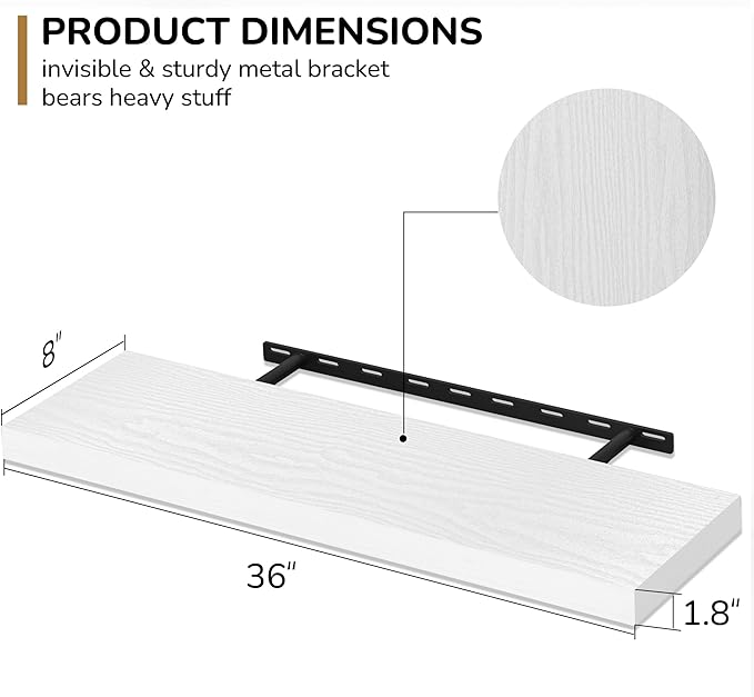 Fun Memories 36 Inch Floating Shelves - Deep Rustic White Wooden Wall Shelves - Extra Deeper & Thicker Wall Mounted Storage Shelf for Bedroom, Kitchen, Farmhouse - 2 Pack, Rustic White-Ruum Studio Home