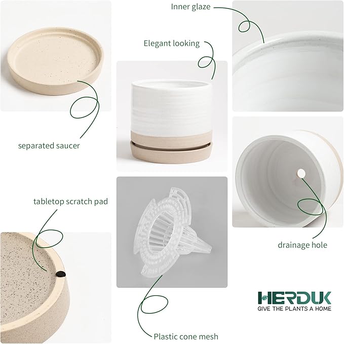 6 + 8 Inch Plant Pots, Ceramic Planter Pot with Drainage Hole & Saucer, Indoor/Outdoor Cylinder Round Planter Pot, Cream & Beige-Ruum Studio Home