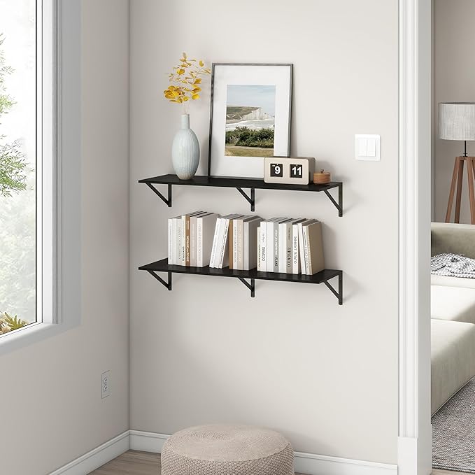 36"W x 12"D Floating Shelves, Black Deep Floating Shelves for Wall with Brackets, 12 Inch Deep Wall Shelves for Books, Wide Display Storage Shelves for Bathroom, Living Room, 36 Inch Long, Set of 2-Ruum Studio Home