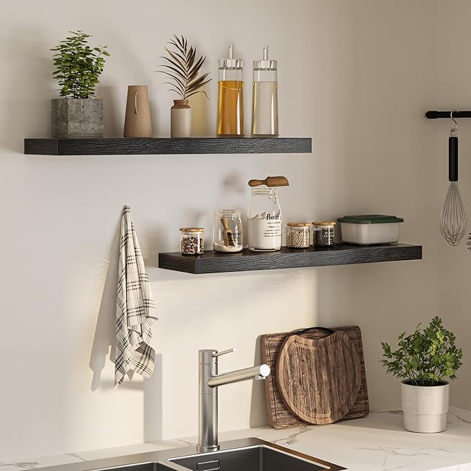 Floating Shelves for Wall, 36" W x 8" D x 1.5" H, Wooden Wall Mounted Display Shelves with Invisible Brackets for Living Room, Bedroom, Bathroom, Kitchen Decor and Storage, Set of 2, Black-Ruum Studio Home