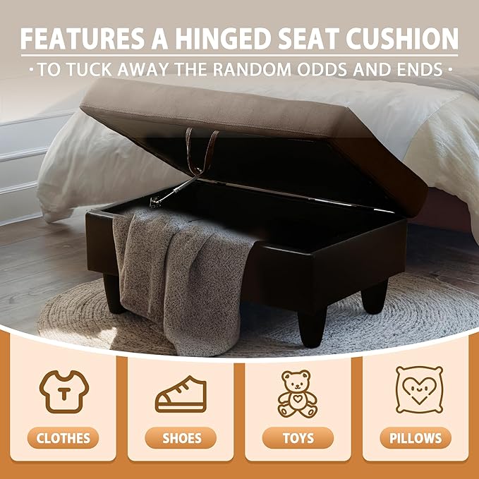 Ottoman Rectangular Storage Ottoman Bench, Flannel Footrest Stool Footstool with Lid for Living Room, Bedroom, Entryway, Dark Brown&Black, 35"x23.5"x17.5"-Ruum Studio Home