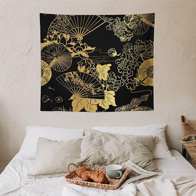 HZOHNAGO Japanese Tapestry Gold Flowers Umbrella Fan Pattern Printed Wall Tapestry Painting Wall Hanging for Bedroom Living Room Dorm 60" W x 50" H-Ruum Studio Home