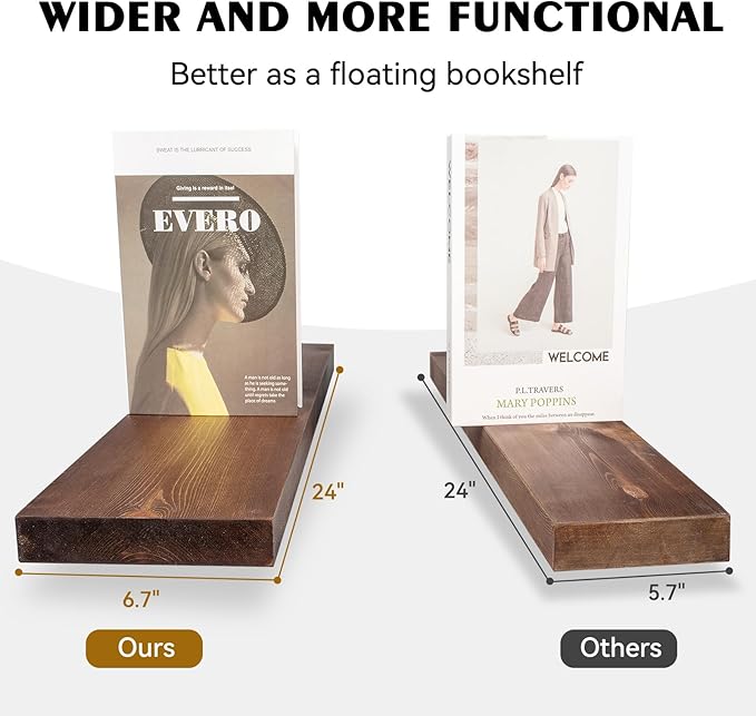 BGMG Wood Floating Shelves for Wall 24 inch Set of 2, Rustic Wooden Wall Mount Shelves for Bathroom Living Room Bedroom Kitchen Farmhouse -24x 6.7 x1.25 inch- Walnut Color-Ruum Studio Home