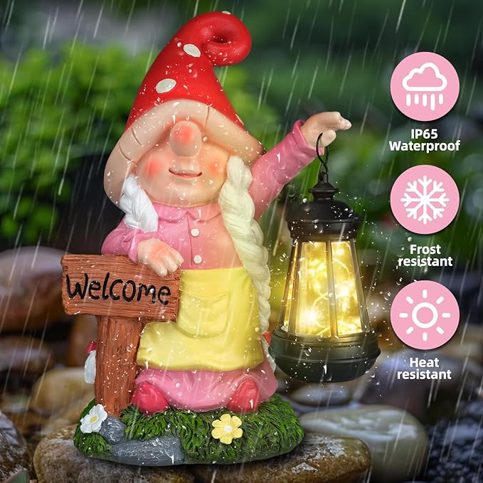 Solar Garden Gnome Statue Holding LED Lantern with Welcome Sign Outdoor Ornaments Waterproof Christmas Decoration for Outside Patio Yard Lawn Decor (Pink)-Ruum Studio Home
