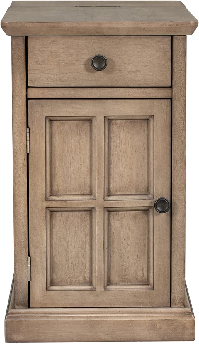 Traditional Wood End Table with Charging Station, Modern Vintage Sofa Chair Side Table Nightstand with Storage & Drawer for Living Room Bedroom, No Assembly, Antique Brown-Ruum Studio Home