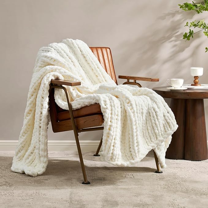 Amélie Home Chunky Knit Throw Blanket for Couch, Soft Chenille Crochet Blanket for Sofa, 50"x60", Ivory-Ruum Studio Home