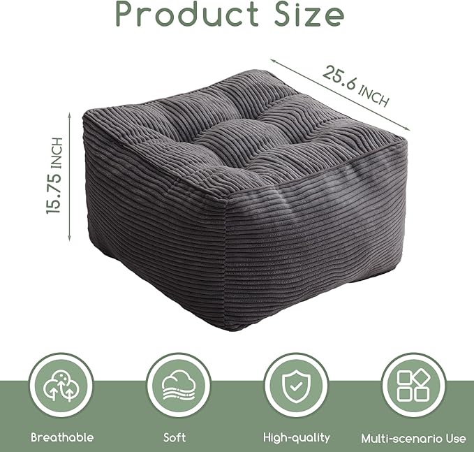 HIGOGOGO Square Stuffed Pouf Ottoman, Corduroy Poufs with Foam Chunk Filling, Furry and Fluffy Pouf Foot Stool Storage Ottoman, 25.6 X 25.6 Floor Poufs Foot Rest for Living Room, Dark Grey-Ruum Studio Home