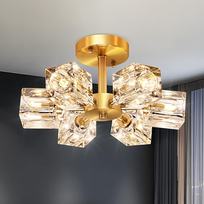 Semi Flush Mount Ceiling Light Fixture Modern 6 Lights Gold Crystal Chandelier,Brushed Nickel Sputnik Chandeliers for Hallway Entryway Bedroom Dining Room Farmhouse Kitchen Office-Ruum Studio Home