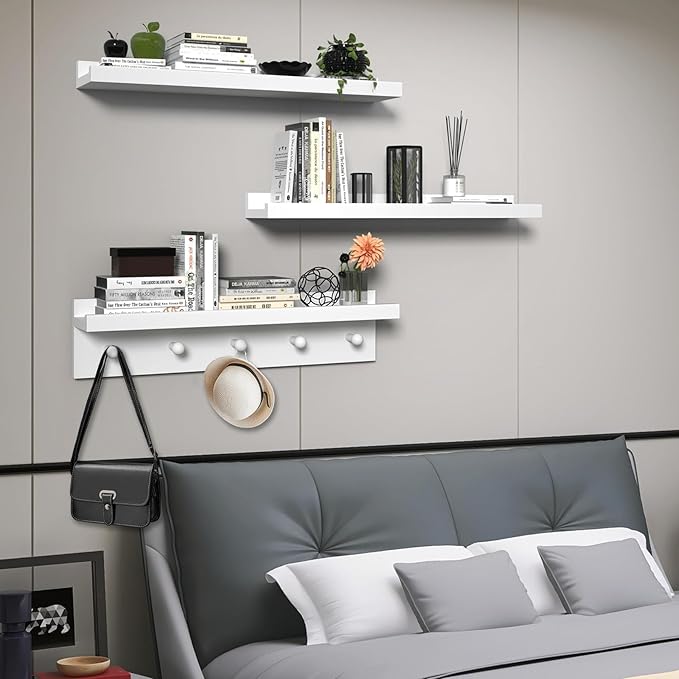 MBYD Picture Shelf Ledge, 24 Inch Floating Shelves for Wall, Nursery Book Shelves with Hooks Set of 3, Floating Shelf Wall Mounted for Bathroom,Kids Room, Living Room, Kitchen Bedroom White-Ruum Studio Home