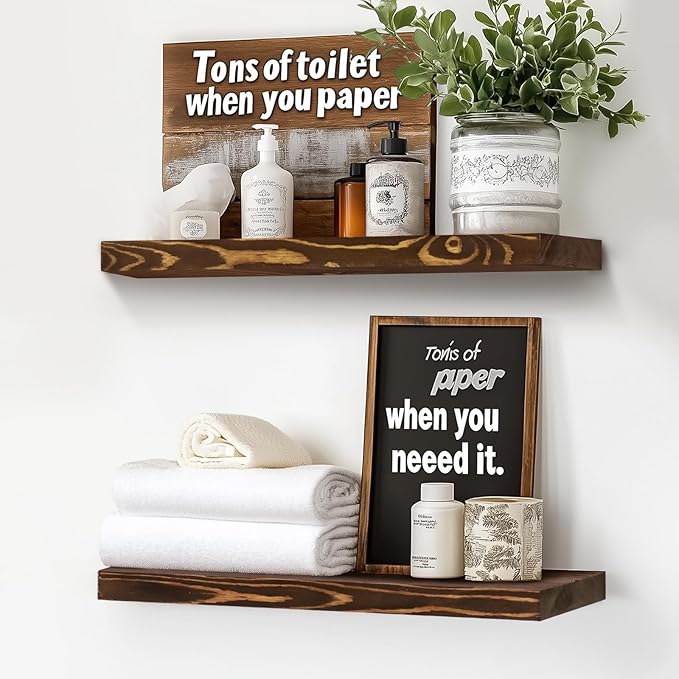 Floating Wall Shelves - 16"x6.8"x1.2" Sturdy Rustic Brown Solid Wood Shelves for Storage and Décor, Easy Installation for Living Room, Bedroom, and Kitchen - 2 Pack-Ruum Studio Home