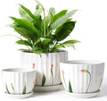 4/5/6 Inches Ceramic Plant Pots with Drainage Holes and Saucers, Round Flower Pots for Indoor Plant, Small Flower Planters Set of 3 (White Floral-Big Size)-Ruum Studio Home