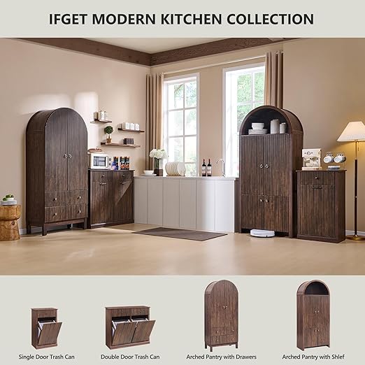 Modern Tilt-Out Trash Can Cabinet, 10 Gallon Fluted Laundry Hamper Cabinet with Drawers, Wooden Hidden Garbage Can Cabinets with Storage Basket, Free Standing for Kitchen and Living Room,Brown-Ruum Studio Home