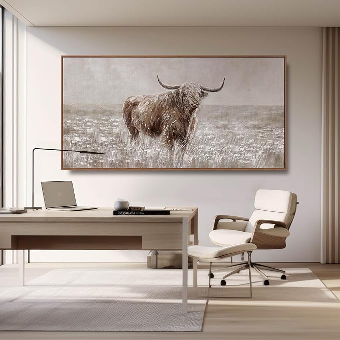 MLART99 Vintage Brown Highland Cow Painting Farmhouse Wall Art with Frame Country Decor Animal Poster for Living Room Bedroom Decor Ready to Hang 24x48-Ruum Studio Home