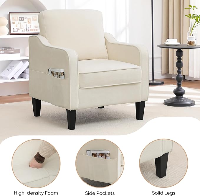 Accent Chair for Living Room, Mid Century Modern Reading Chair for Bedroom, Upholstered Armchair with Side Pockets, Comfy Single Sofa Side Chair for Office, Apartment, Small Room, Beige-Ruum Studio Home