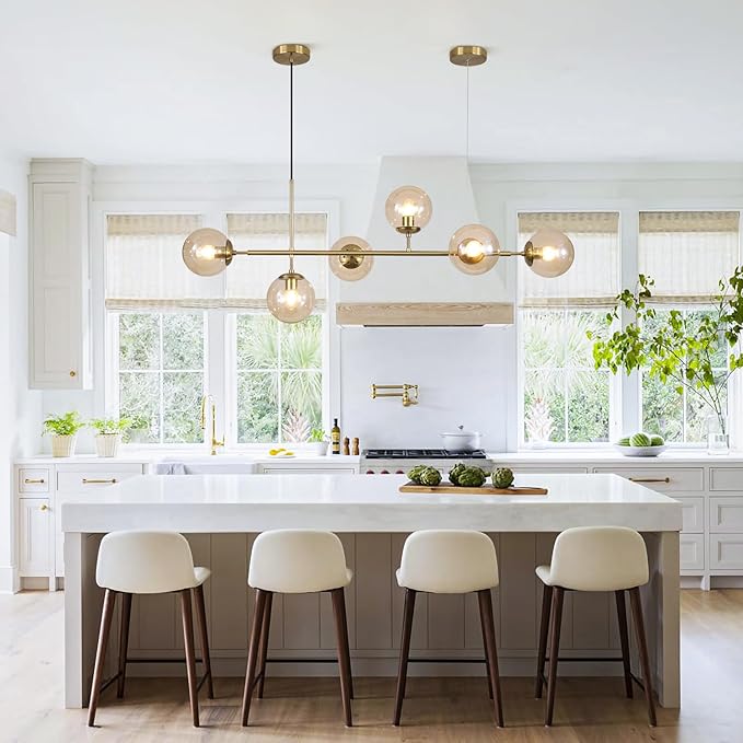 KCO Lighting Globe Linear Chandelier 6 Light Amber Glass Pendant Light Fixture Gold Kitchen Island Lighting Long Brass Sputnik Chandelier Dining Room Light Fixtures Over Table-Ruum Studio Home