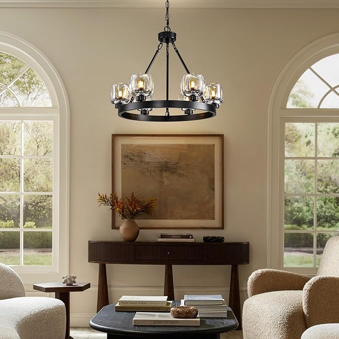 Black Wagon Wheel Chandelier, 24 Inch Black Chandeliers with Unique Glass Shade, 6-Light Crystal Farmhouse Wagon Wheel Chandeliers for Dining Room, Round Chandelier for Living Room, Foyer, Entryway-Ruum Studio Home
