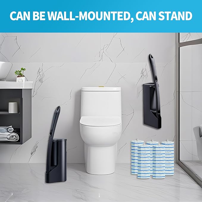 Disposable Toilet Brush with 50 Wand Cleaner Refills Pads，Wall Mounted Toilet Bowl Holder Set，Toilet Cleaning System Starter Kit，Bathroom Cleaning System for Sink Bathtub Wash Basin-Ruum Studio Home