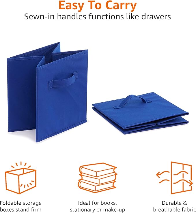 Amazon Basics Cube Organizer Storage Bins Handles, Collapsible Fabric, Pack of 6, 10.5"x10.5"x11", Navy-Ruum Studio Home