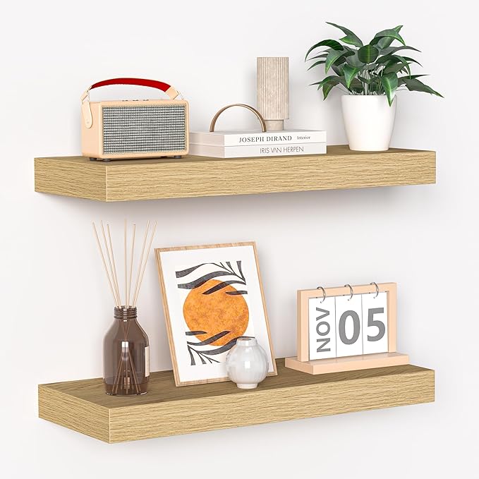Fun Memories Floating Shelves - 16 Inch Wall Shelf for Decor & Storage - Wall Mounted Display Shelving with Invisible Heavy Duty Metal Bracket 2Pack, Oak-Ruum Studio Home