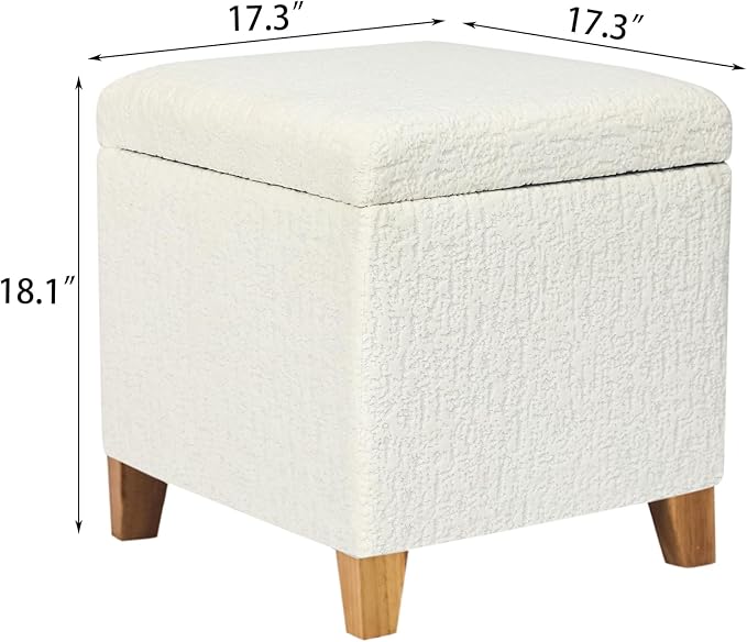 Adeco 18 Inch High Faux Fur White Cube Ottoman Storage, 3D Embossed Velvet Chair Foot Stools, Upholstered Vanity Stool with Hinged Lid, Solid Wood Legs-Ruum Studio Home