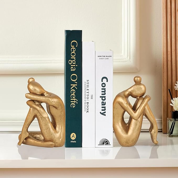 Unique Cast Iron Girl Thinker Bookends, Heavy-Duty Decorative Book Stoppers for Shelves, Creative Home and Office Desk Ornaments, 1 Pair/2 Pieces, 5.9"-Ruum Studio Home