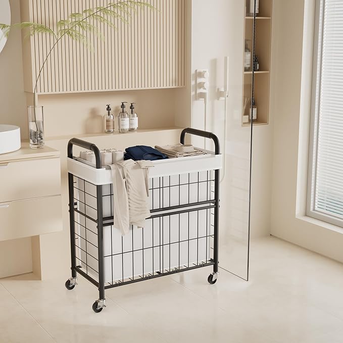 Laundry Hamper 3 Section, 145L Rolling Laundry Sorter Basket with Wheels, 3 Compartment Clothes Organizer Cart, Pull-Out Removable Bags for Laundry Room, Bathroom, Bedroom, White-Ruum Studio Home