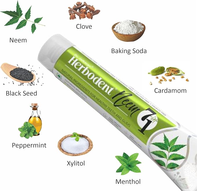 Herbodent® NEEM 7 in 1 Toothpaste-6.53Oz Pack of 6 | Organic Herbs-Neem, Black Seed & Xylitol for Anti Cavity, Cardamom & Mint for Freshness, Baking Soda for Great Cleaning-No Fluoride & No Paraben-Ruum Studio Home