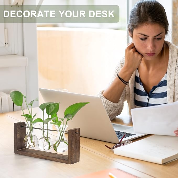 YIBOT Wall Hanging Planter Propagation Station, Plant Terrarium with Wooden Stand, Hydroponics Plants Home Office Living Room Decor Gift-3 Bulb Glass Vases-Ruum Studio Home