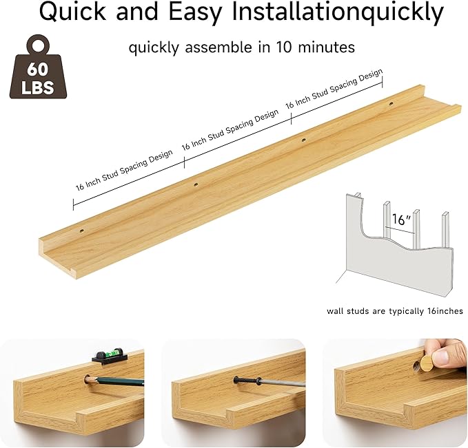 Floating Picture Ledge Shelves for Wall Set of 2, 55 Inches Picture Shelf with Ledge, Nursery Book Shelf for Toys Storage Kids Bookshelf Wall Mounted Living Room Bedroom Decor Frames, Oak-Ruum Studio Home