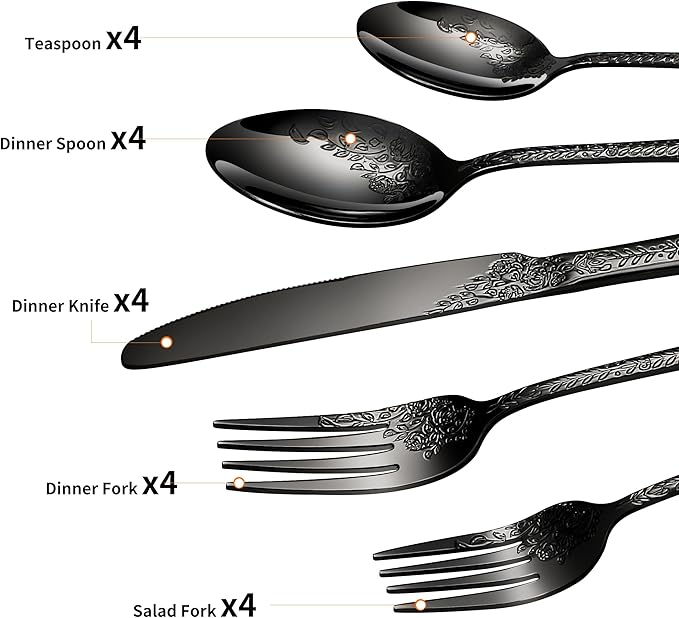 Floral 20 Pcs Black Silverware Set for 4, Food Grade Stainless Steel Flatware Set with Rose Flower Embossed Design, Eating Utensils Sets Include Fork/Knife/Spoon, Reusable Cutlery Set, Dishwasher Safe-Ruum Studio Home