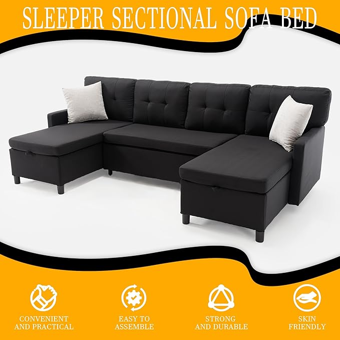 Pull Out Couch, Oversized Sleeper Sofa Couch, Sectional Sleeper Sofa Bed for Living Room Bedroom Lounge (Black, 110 Inch)-Ruum Studio Home