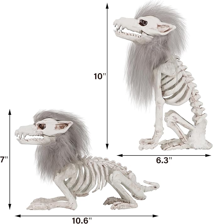 DR.DUDU 2 Pack Halloween Skeleton Wolf Decorations, Life Size Animals Skeletons Poseable Halloween Decor Plastic Bones with Hair Wolf Skull Figurines for Table Yard Lawn Party Props Décor-Ruum Studio Home