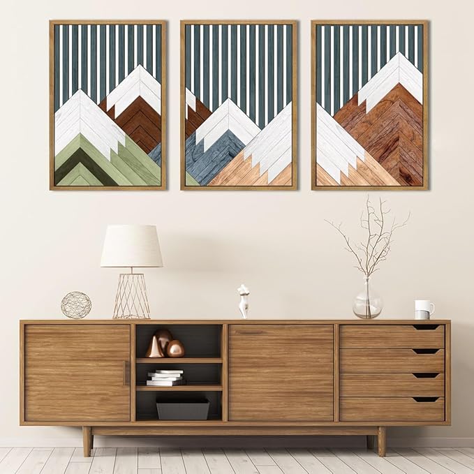 DRACIT Large Woodcut Mountain Wall Art Set Abstract Boho Forest Wood Wall Decor Nature Blue Art Decor Modern Geometric Wooden Wall Sculptures for Living Room Bedroom Office-16x24Inchx3-Ruum Studio Home