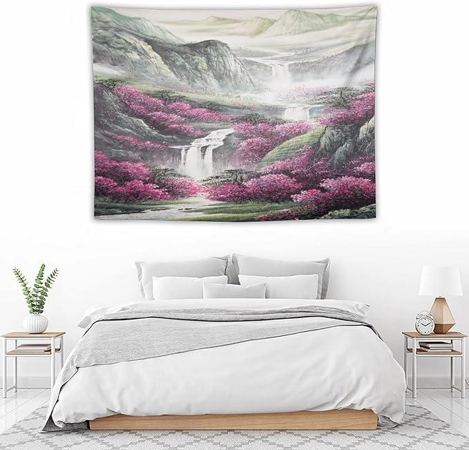 Japanese Tapestry, Red Plum Blossom Mountain, Nature Landscape, Bedroom Living Room Decor, 40"x30"-Ruum Studio Home