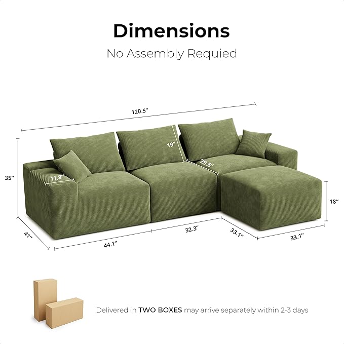 LIKIMIO 120" Modern L-Shaped Modular Sectional Sofa for Living Room, Corduroy Upholstery Green, Oversized 3-Seater Couch with Deep Seat and Movable Ottoman – No Assembly-Ruum Studio Home