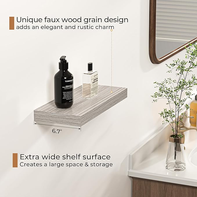Floating Shelves - Rustic Grey Storage Shelf Set of 2 - 16 Inch Wall Mounted Shelves for Wall Decor & Storage - Wooden Shelves with Invisible Brackets for Living Room, Bedroom, Kitchen, Farmhouse-Ruum Studio Home