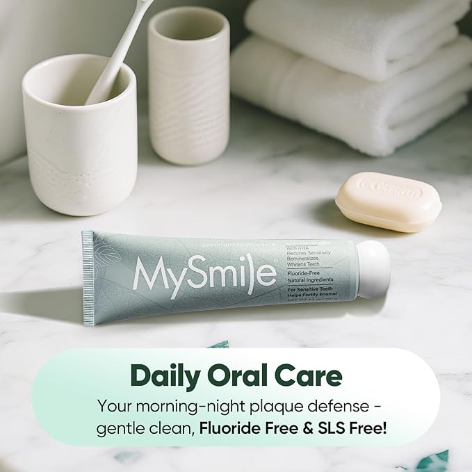 MySmile Fluoride Free Toothpaste, Nano Hydroxyapatite Toothpaste for Sensitive Teeth, Strengthens Enamel, Remineralizes & Whitens Teeth, Freshens Breath for Adults, SLS Free, Natural Misty Mint, 4.2oz-Ruum Studio Home