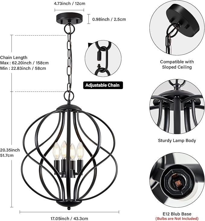 Modern Black Chandelier for Dining Room, 4 Lights Geometric Chandeliers, Sphere Chandelier Industrial Large Pendant Light Fixtures Hanging for Kitchen, Entryway, Foyer, Stairs-Ruum Studio Home