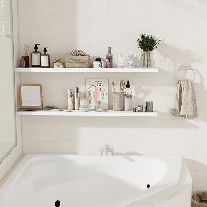 White Floating Shelves for Wall, 48 Inch Floating Shelves for Home Decor, Wall Mounted Rustic Wood Shelves, Bathroom, Hanging Deep Shelf for Bedroom, Living Room, Kitchen, 2 Packs-Ruum Studio Home