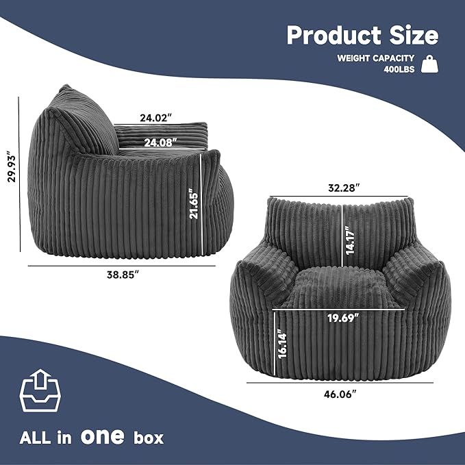 Oversized Bean Bag Chair for Adults, Giant Comfy Plush Boneless Bean Bag Couch with Filler for Kids - Reading Chair for Living Room, Bedroom & Dorm, Single Accent Chair Floor Lounger, Gray-Ruum Studio Home