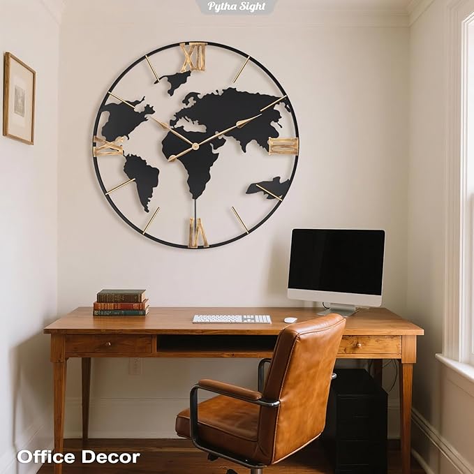 36 Inch Oversized Giant Extra Large Modern Decorative Metal World Map Wall Clock,Big Vintage Gold Roman Numeral Wall Clocks for Living Room,Entryway,Office,Fireplace,Dining Room-Ruum Studio Home