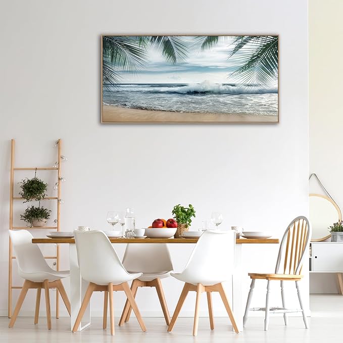 Framed Tropical Beach Wall Art - Ocean Waves Canvas Pictures Coastal Blue Sky and Sea Print Seaside Palm Tree Leaves Scene Painting Artwork Living Room Bedroom Office Home Decor 20" x 40"-Ruum Studio Home