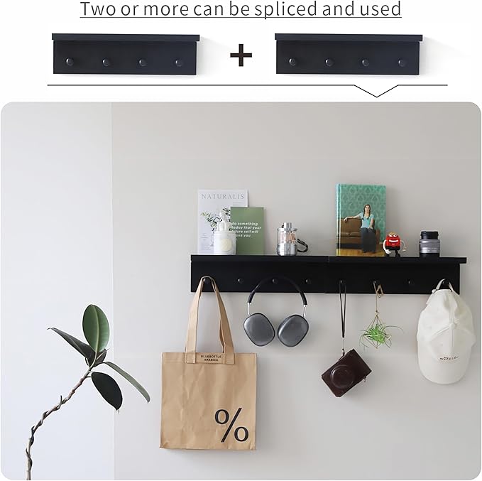 Entrance Coat Rack ，Coat Hooks, Wall-Mounted Wooden Hook Rack, Wall-Mounted Shelves are Very Suitable (Black Finish-1)-Ruum Studio Home