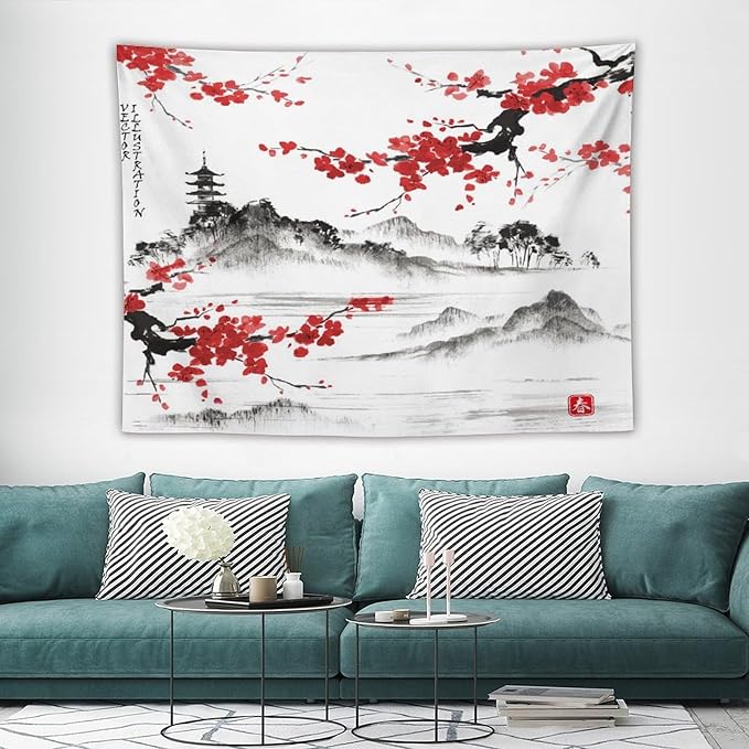 Cherry Blossoms Tapestry, Japanese Fuji Mountain Tapestry, Asian Japanese Wall Tapestry, Nature Landscape Tapestries for Bedroom Living Room Decor 80"x60"-Ruum Studio Home