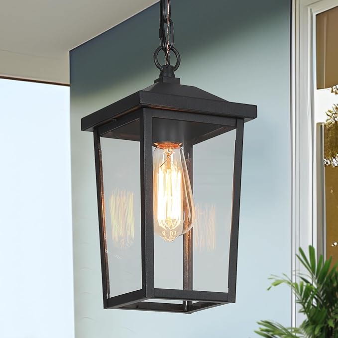 LOG BARN Outdoor Pendant Light Fixture, Farmhouse Exterior Lights, Anti-Rust Ceiling Outdoor Light with Clear Glass, Lantern Hanging Light for Front Door, Entry, Porch, and Gazebo-Ruum Studio Home