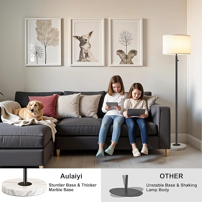 Floor Lamp for Bedroom,Modern Floor Lamp for Living Room,Standing Lamp with Marble Base,Tall Standing Lamp for Bedroom,Reading,Office & Kids' Room,LED Bulb Included(Black)-Ruum Studio Home